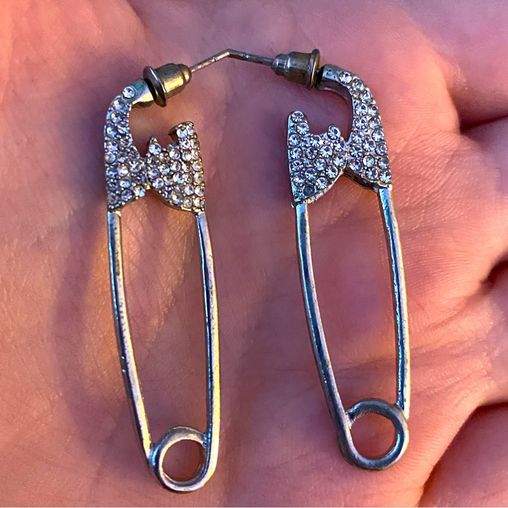 Diamond safety pin earrings